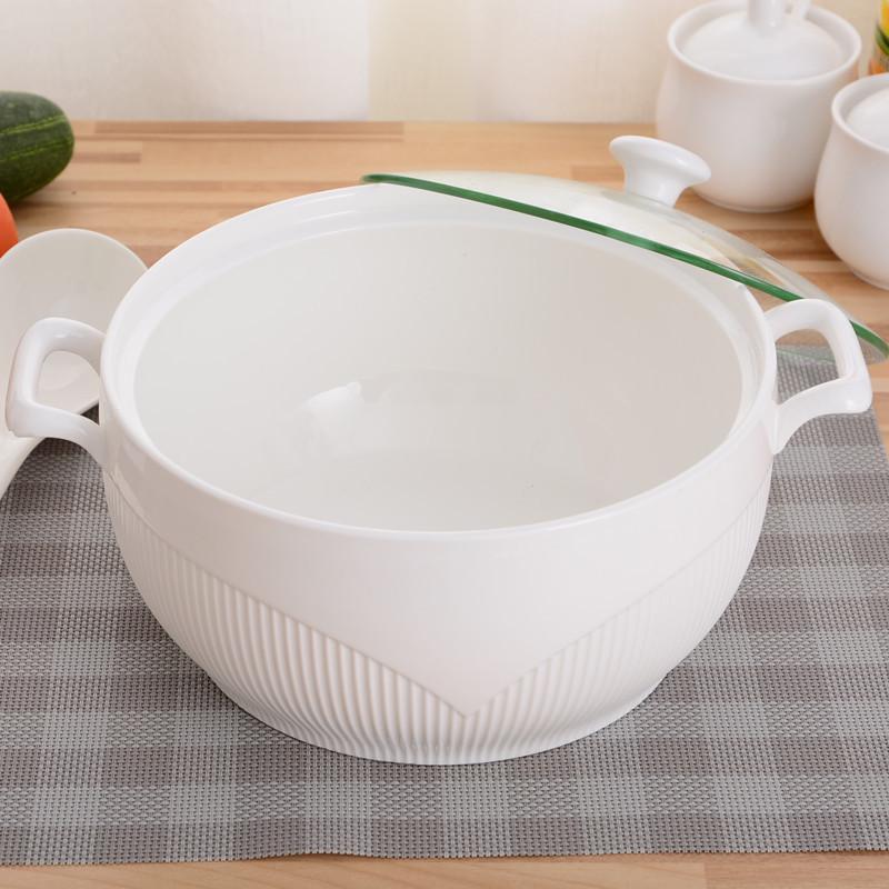 Embossed White Ceramic Soup Pot with Lid - Large Bone China Bowl Gift Set