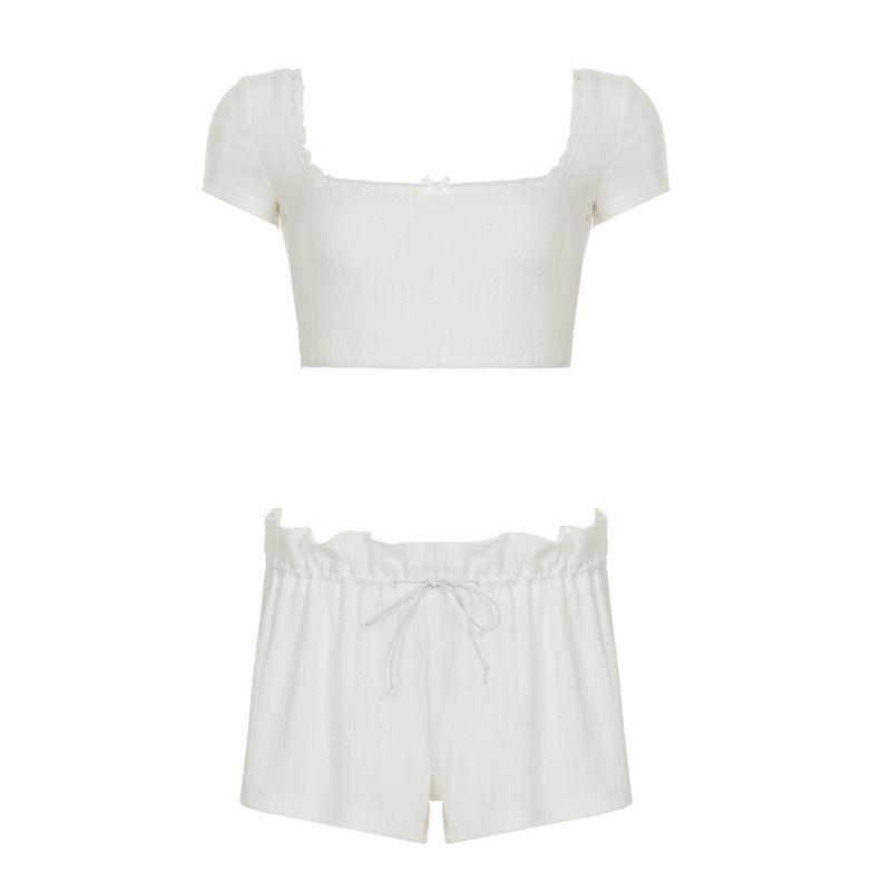 H Home European and American Women's Clothing Pure Desire Casual Home Sexy Suit Lace Square Collar Midriff-Baring Top + Ruffles Shorts