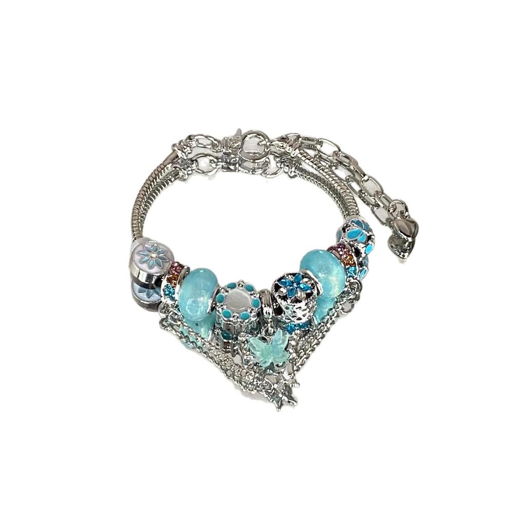 Retro Silver Heart & Butterfly Beaded Bracelet for Women - Versatile & Stylish European/American Jewelry