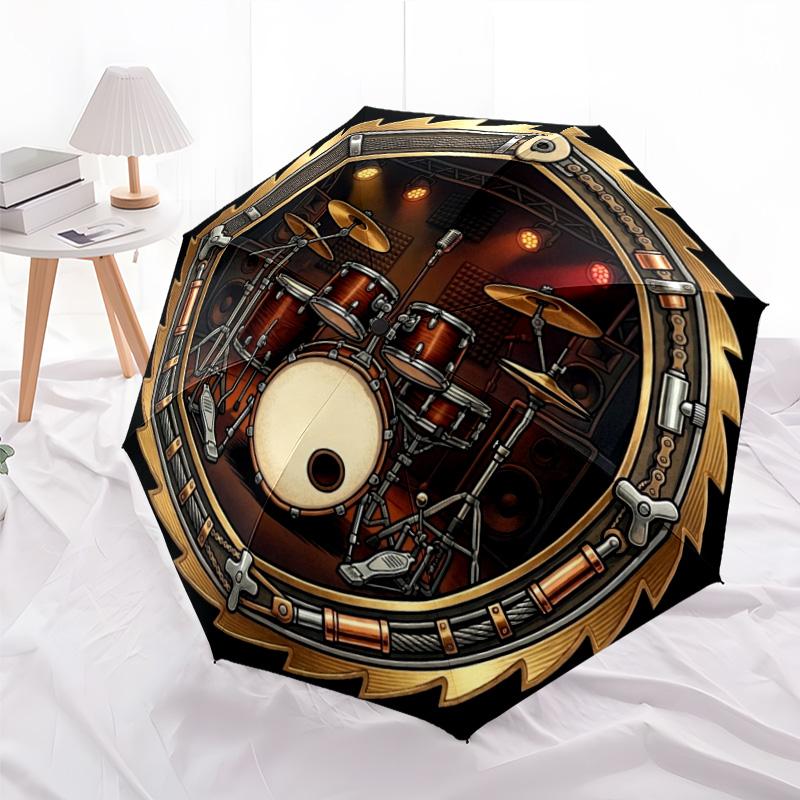 Golden Drum Stage pattern umbrella, portable and foldable design, 8 ribs, a casual accessory for Halloween, Christmas, and birthday gifts.