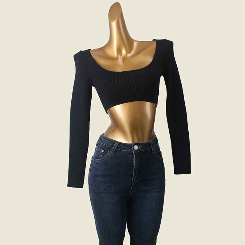 American Sexy Crop Top Sexy Base Shirt Low round Neck Silm Early Autumn Inner Wear Pullover Short Knitwear