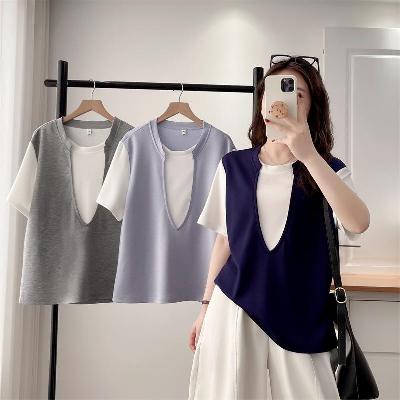 2026 Women's Plus Size Color Block College Style Short Sleeve Pullover T-shirt