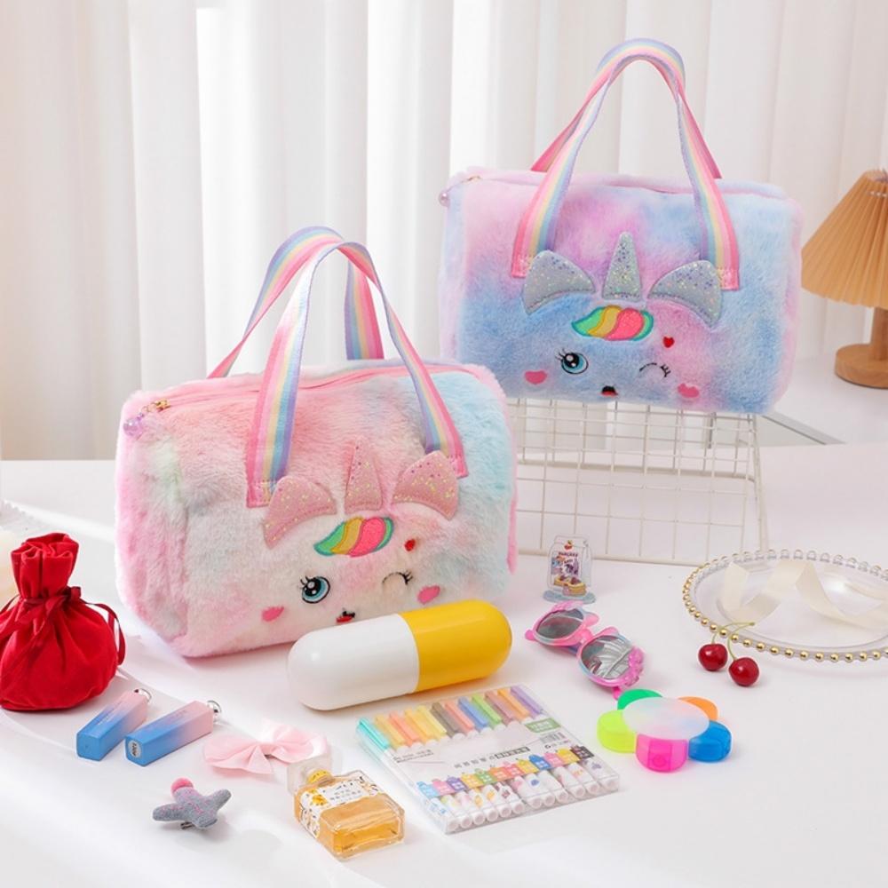 Cute Unicorn Plush Handbag Large Capacity Rainbow Unicorn Plush Tote Bag Girls Cartoon Gift Bag For Birthdays Back-To-School
