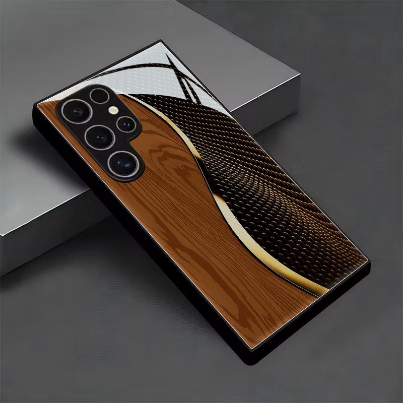 Wood grain and gold curved texture glass phone case suitable for Samsung Galaxy S26 S25 S24 S22 S21 S20 FE/Ultra/Plus anti drop