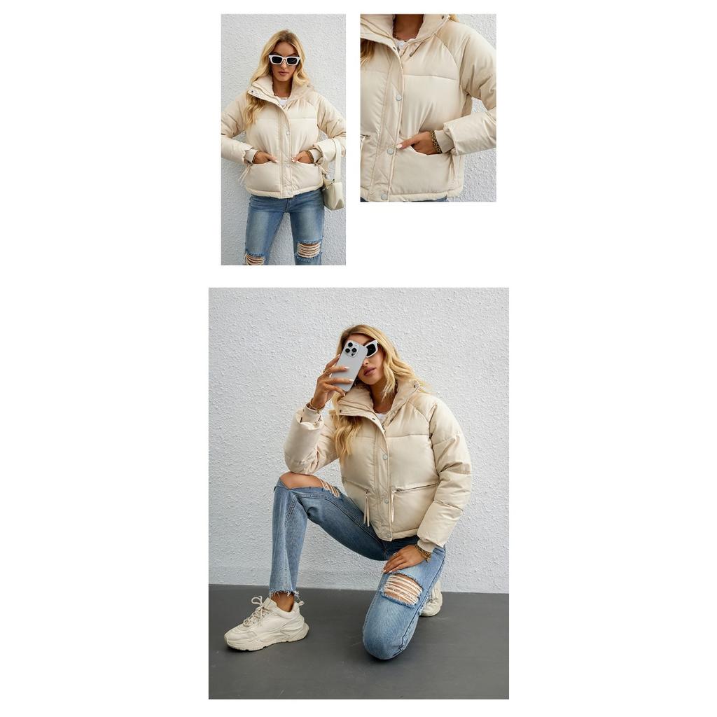 Women's Oversized Cropped Stand Collar Padded Jacket, Casual Zip Up Puffer Coat, Korean Style European American Winter Outerwear for Petite