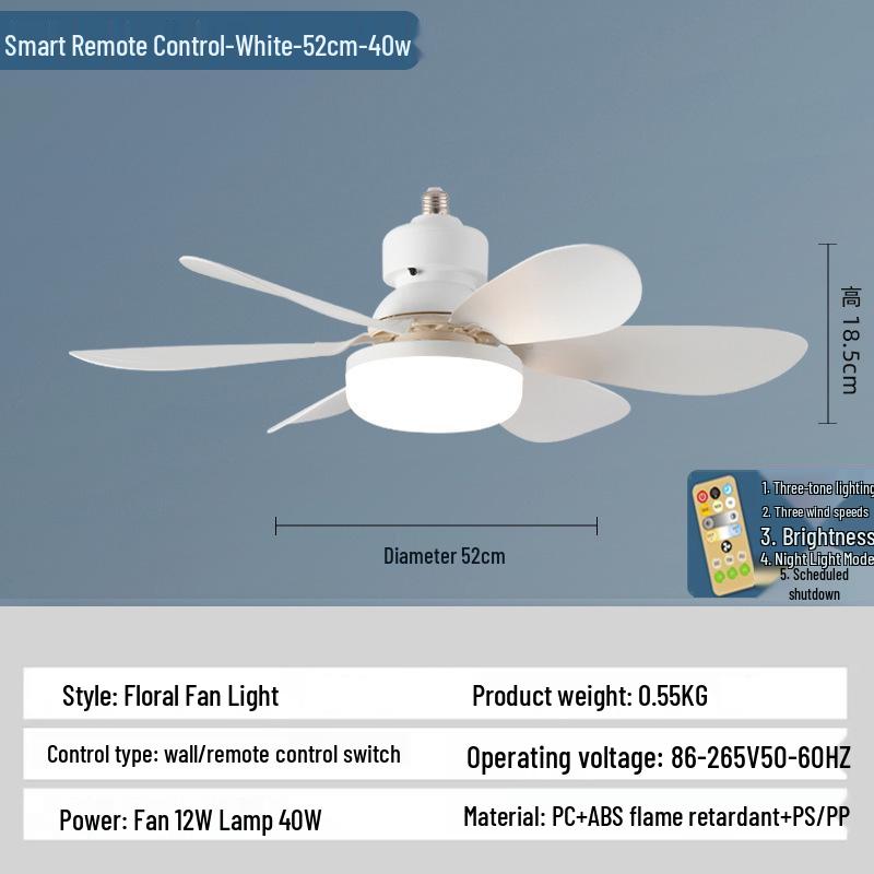 Silent Flower Pattern LED Ceiling Fan with E27 Base, Six Detachable Blades for Home, Bedroom, and Living Room.