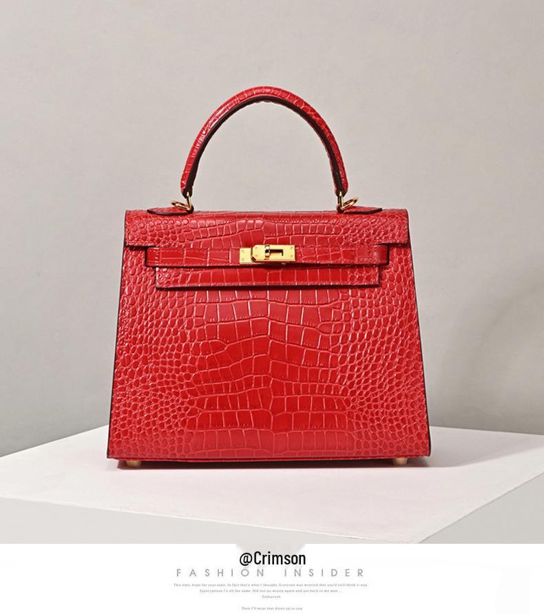 Matte Crocodile Pattern Genuine Leather Kelly Bag - Versatile Handbag, Shoulder, and Crossbody Style