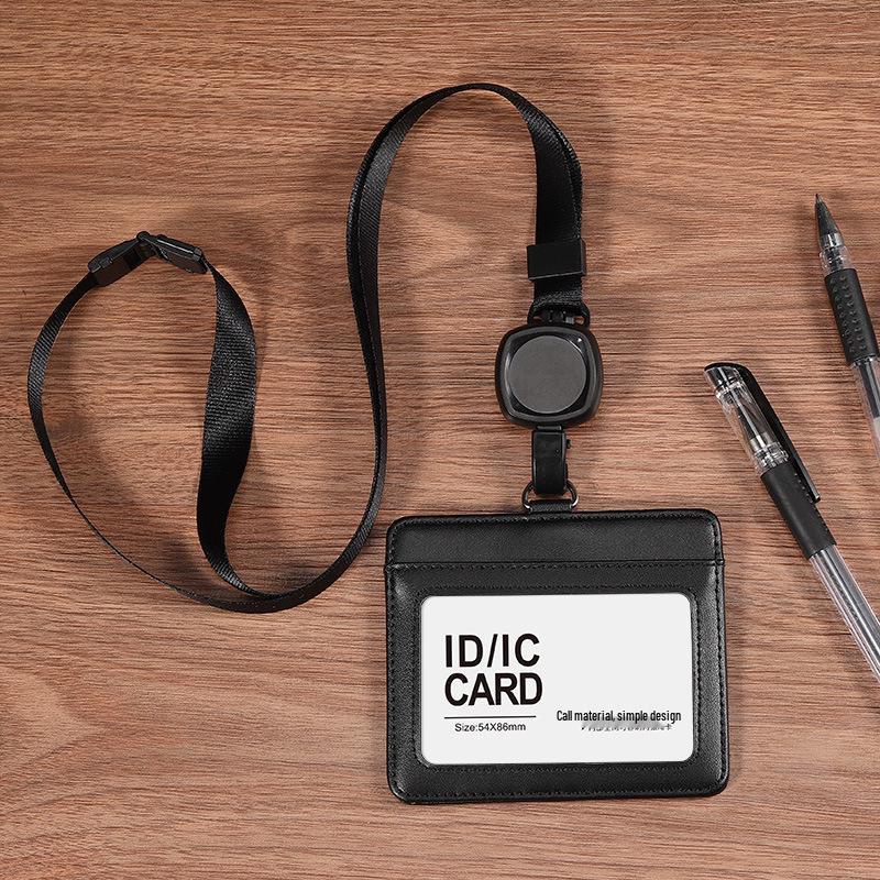 Dual-Use Genuine Leather ID Card Holder with Retractable Lanyard: Horizontal & Vertical Slots for Employee Badge or Exhibition Tag