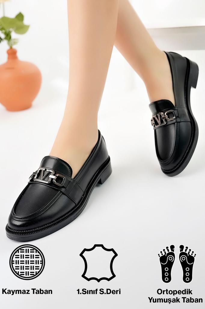 Women's Fashion Faux Leather Wedge Heeled Loafer Black Chain Thick Sole Loafer Moccasin Platinum Chain Shoes