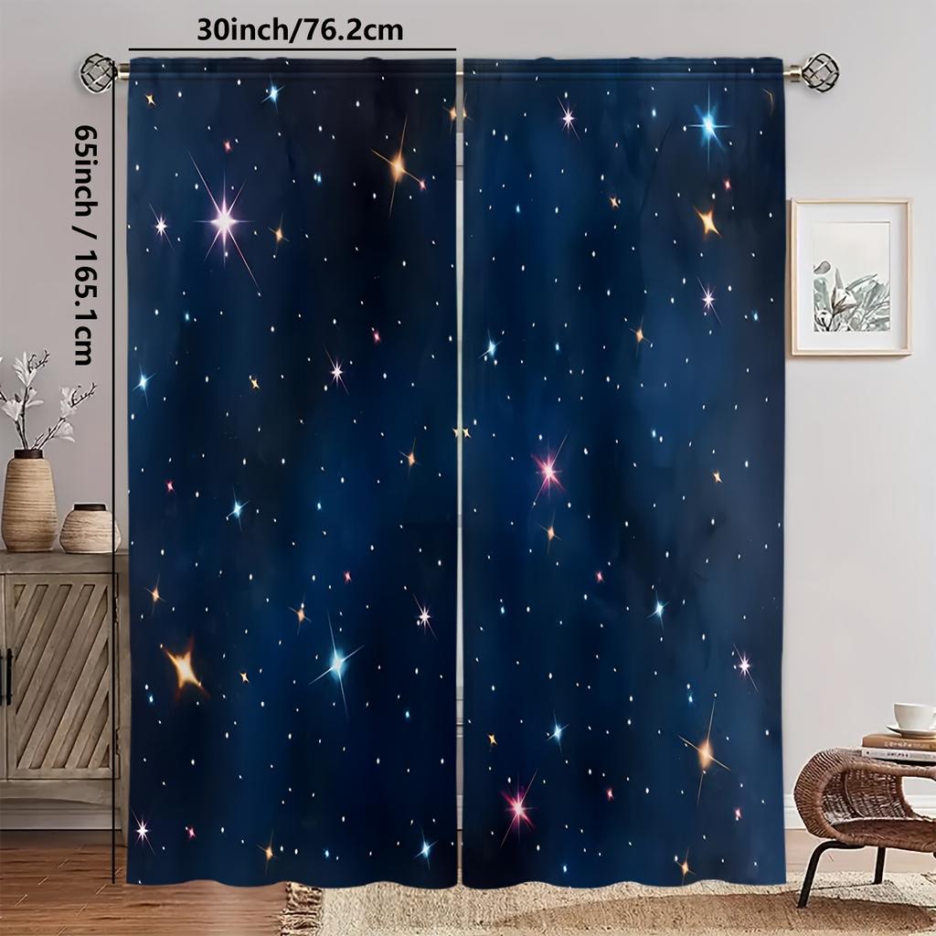 2pcs Starry Sky Semi-Sheer Curtain Set - Polyester   Machine Washable   Rod Pocket Design For Bedroom & Living Room Decor