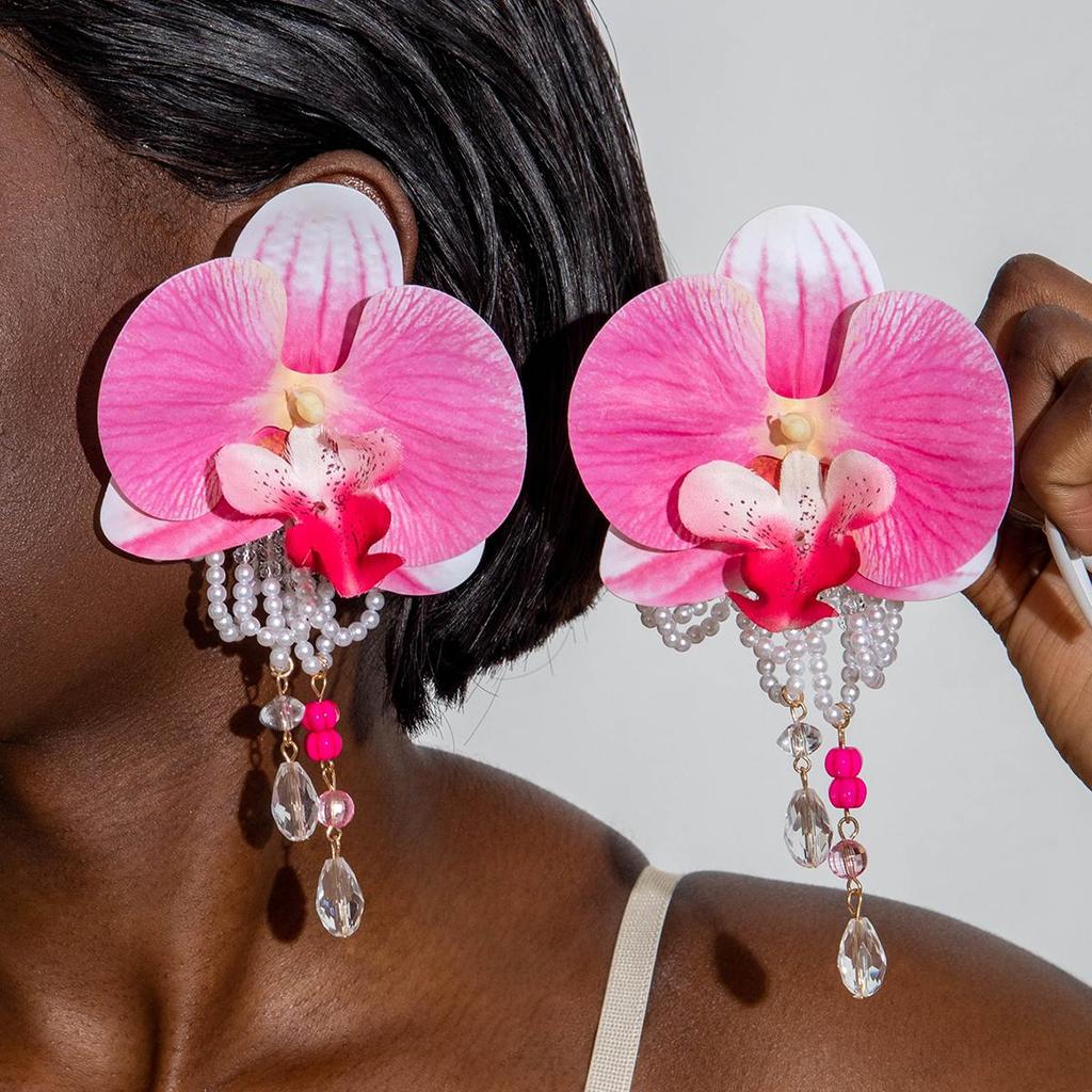 New Fresh Fabric Colored Large Flower Earrings for Women Jewelry Sweet Rice Beads Long Tassels Leaf Earrings Female Earrings