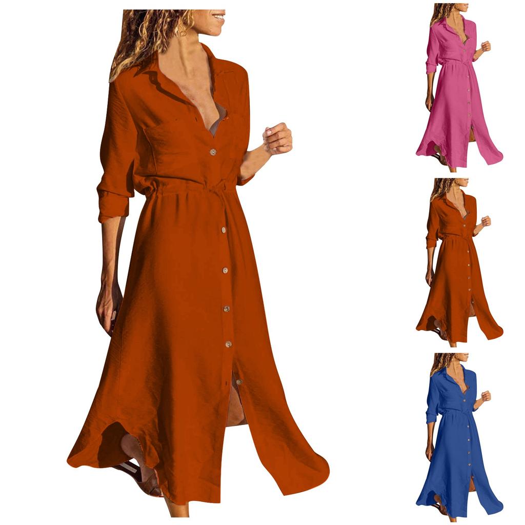 (Skvělý domov)Dámské jednořadé jednořadé šaty s dlouhým rukávem a šifonovým páskem s límcem