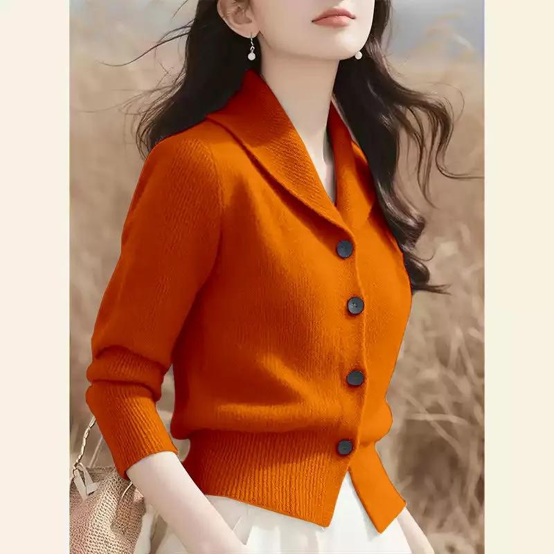 Damen Frühling und Herbst Umlegekragen Strickjacke Damen Koreanische Version Elegante Strickoberteile
