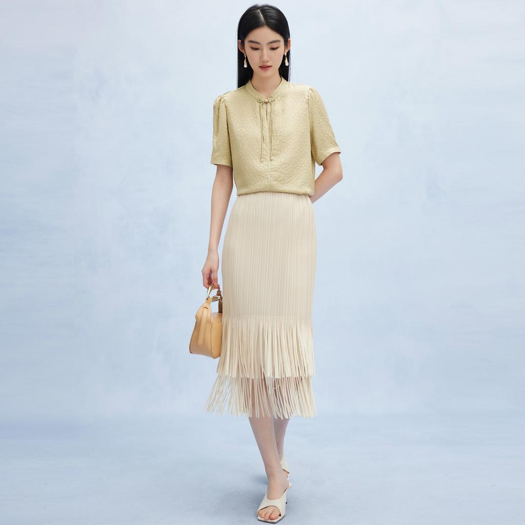 100% Mulberry Silk] Summer Stand Up Collar, Buckle, Tassel, Elegant and Casual Silk Top T-shirt for Women