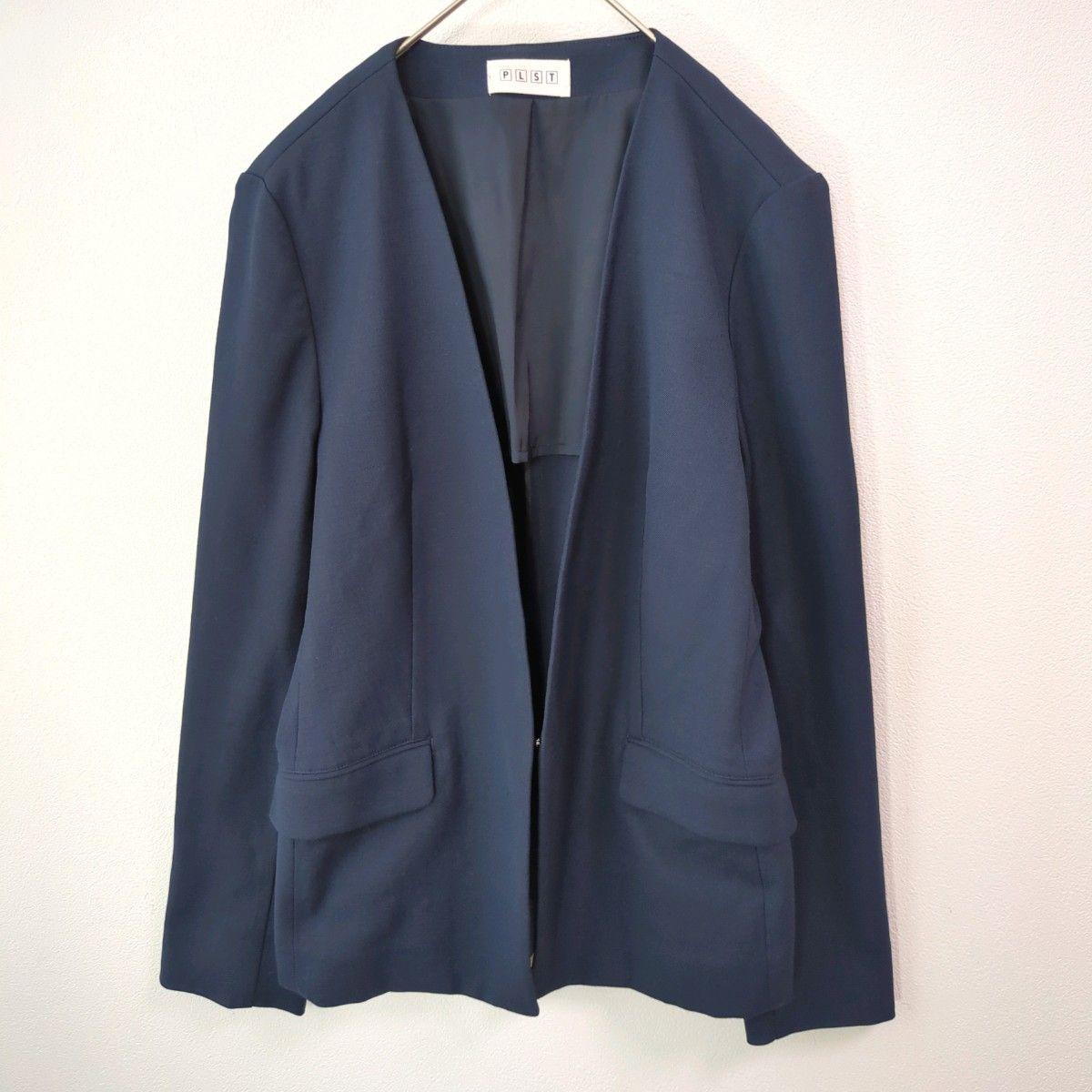 PLST Linen Blend No Collar Jacket Navy M Size Washable
