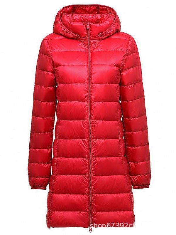 Jachetă de puf de damă ușoară, cu glugă, de lungime medie, cu glugă detașabilă - Palton de toamnă/iarnă la modă, mărime plus