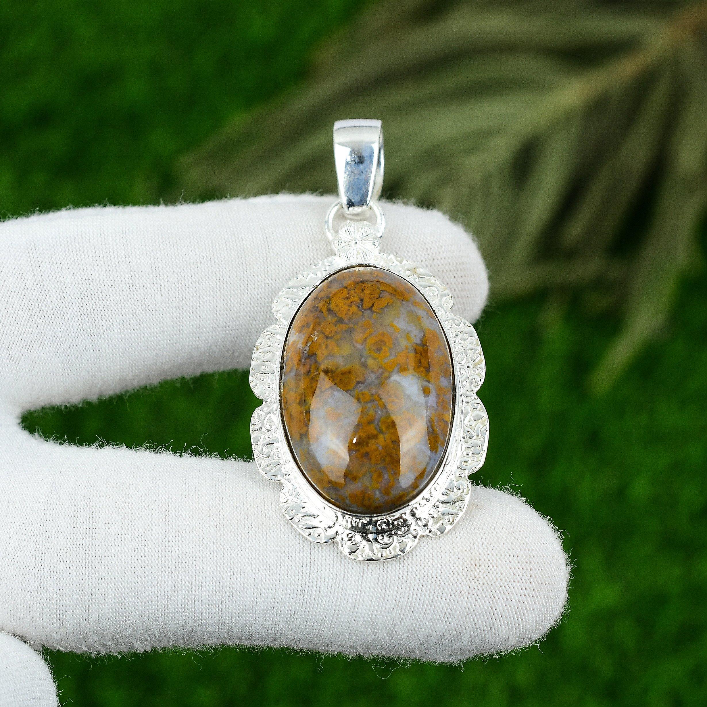 

Mothers day Sale Oval Natural Polka Dot Agate Bezel Birthday Pendant 925 Silver