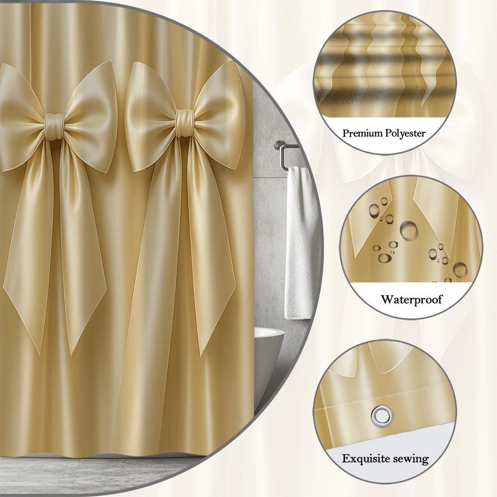 Golden Bow Shower Curtain Elegant Satin Ribbon Design Luxury Bathroom Decor Waterproof Easy To Install Elevate Your Space