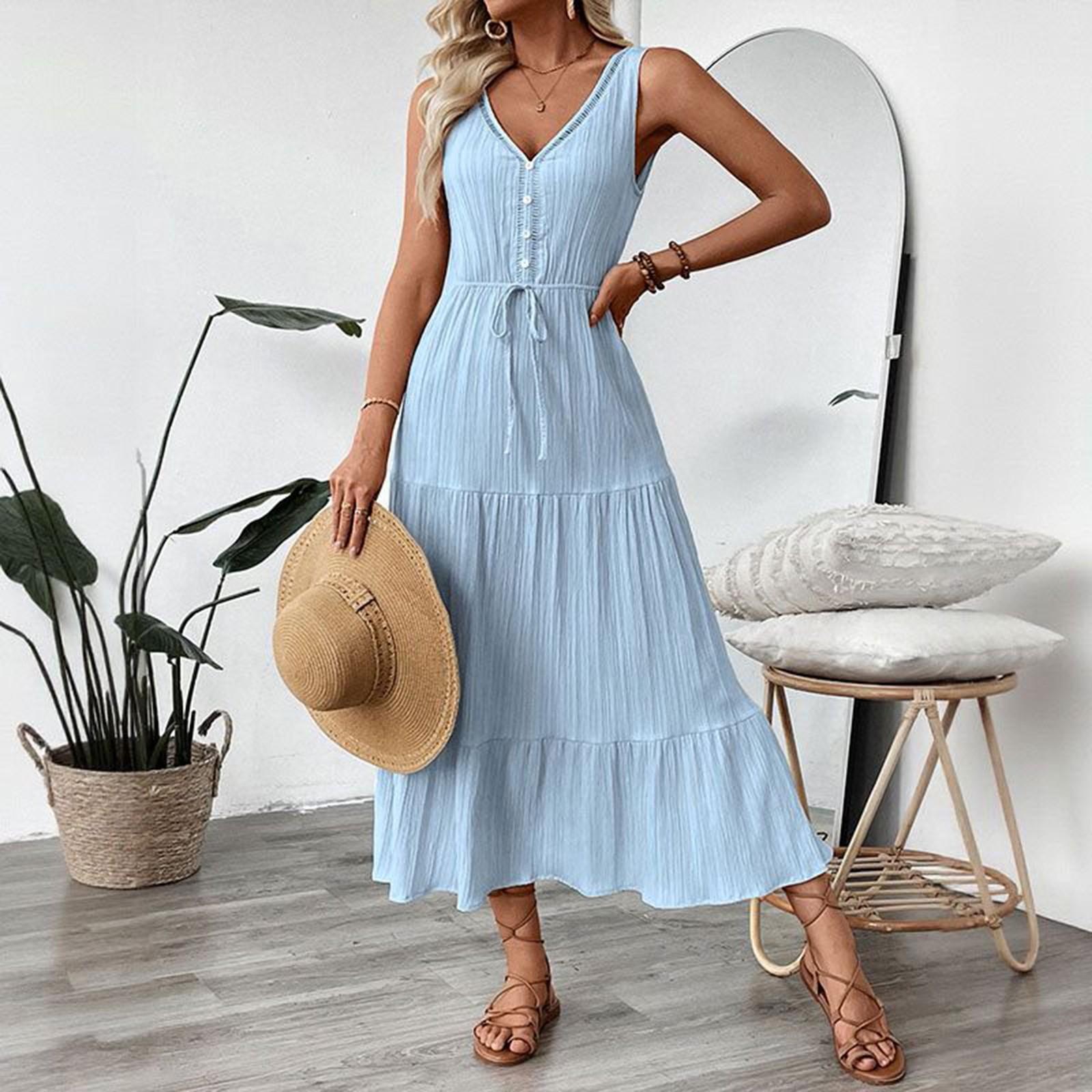 

Женское летнее платье-миди без рукавов с V-образным вырезом и оборками XL небесно-голубой