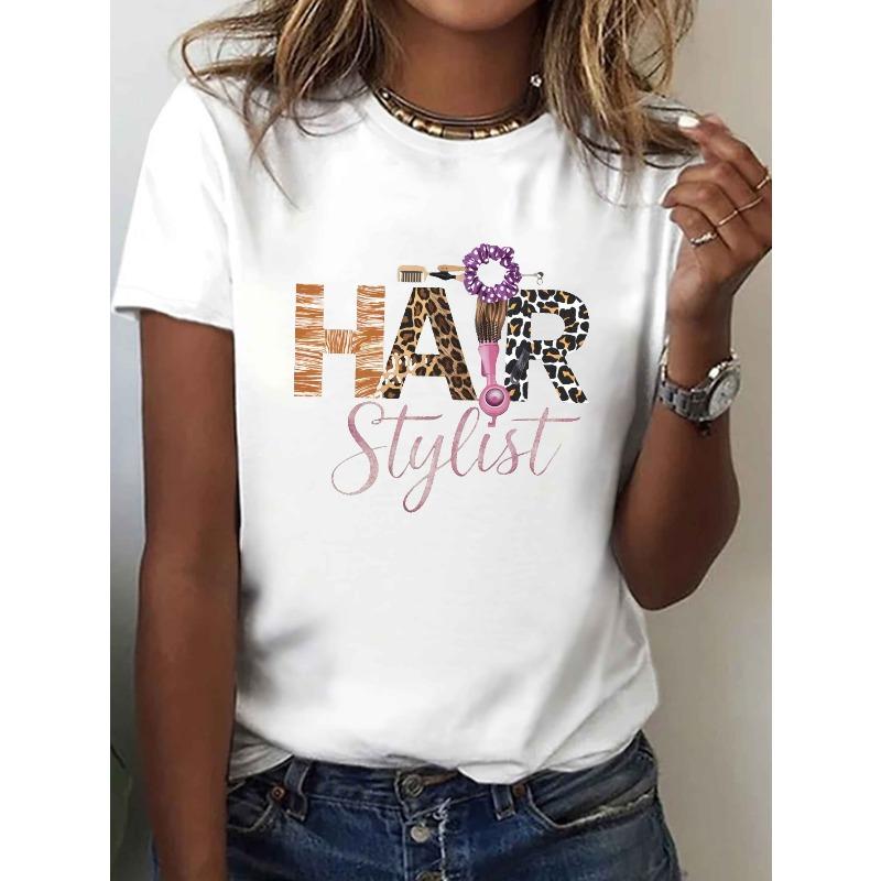 

European Size Women S Casual Crew Neck T-Shirt with Geometric Animal Print Short Sleeve Top for All Seasons S белый