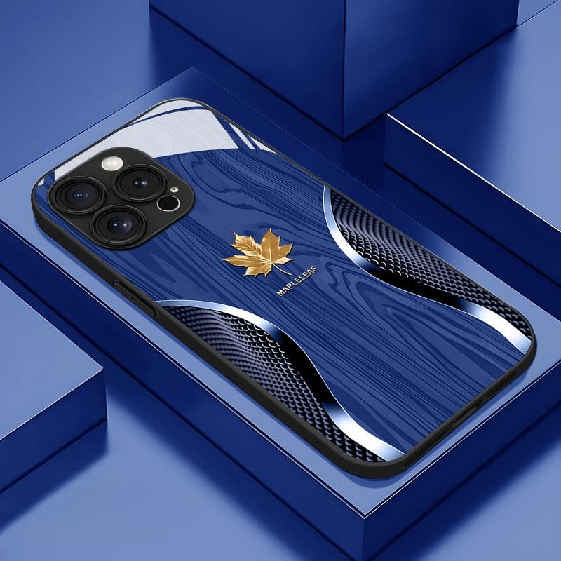 Luxury Maple Leaf Wood Grain Curve Pattern Glass Phone Case For iPhone 17 16 15 14 Pro Max 13 12 11 16E 17Air 7 Plus XS X Cover