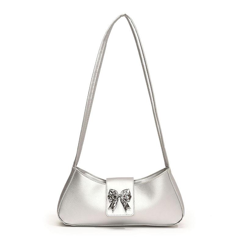 Stylish Mid-sized Pu Leather Handbag Elegant Bowknot Street Style Shoulder Bag серебряный