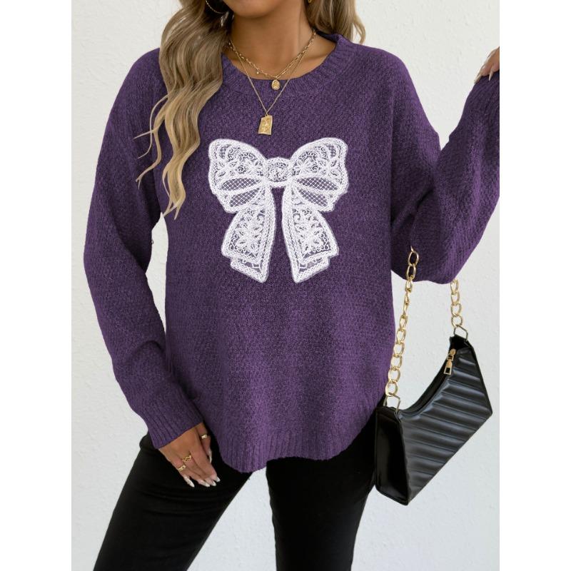 Women S Round Neck Long Sleeve Pullover Sweater Featuring Embroidered Lace Butterfly Splicing