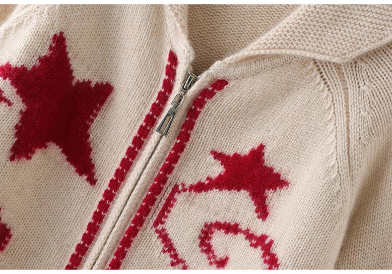 Jacquard Cashmere Cardigan - Women's Lapel Star Print Color Block Jacket (Autumn/Winter 2026)