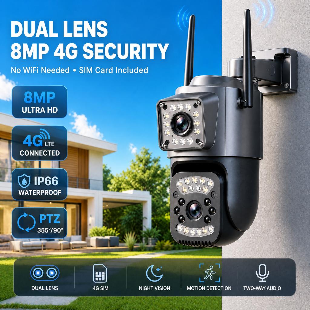 V380 PRO APP Dual-Objektiv 4G Kamera HD 8MP Außenkamera IP66 Wasserdicht Zwei-Wege-Gespräch Farb-Nachtsicht Mobile Überwachung CCTV