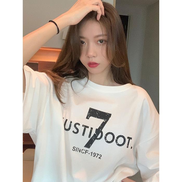 

[Плотный гребенной чистый хлопок] Футболка женская летняя новая с принтом и короткими рукавами, с воротником-стойкой и свободной посадкой S