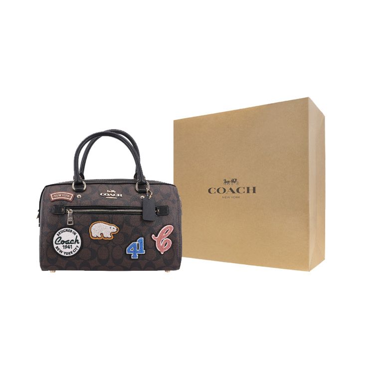 Coach Rowan 27 Classic Monogram Zip Closure Ski Patch Decor Canvas And Leather Shoulder Crossbody Tote Bag Large Women handbags Dark-Brown CE592-IMOSN