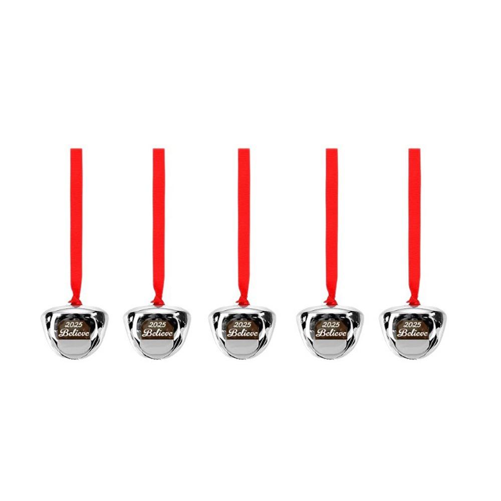 5pcs Red Ribbon Christmas Tree Bells Metal Letter Xmas Tree Ornament Home Garden Decor