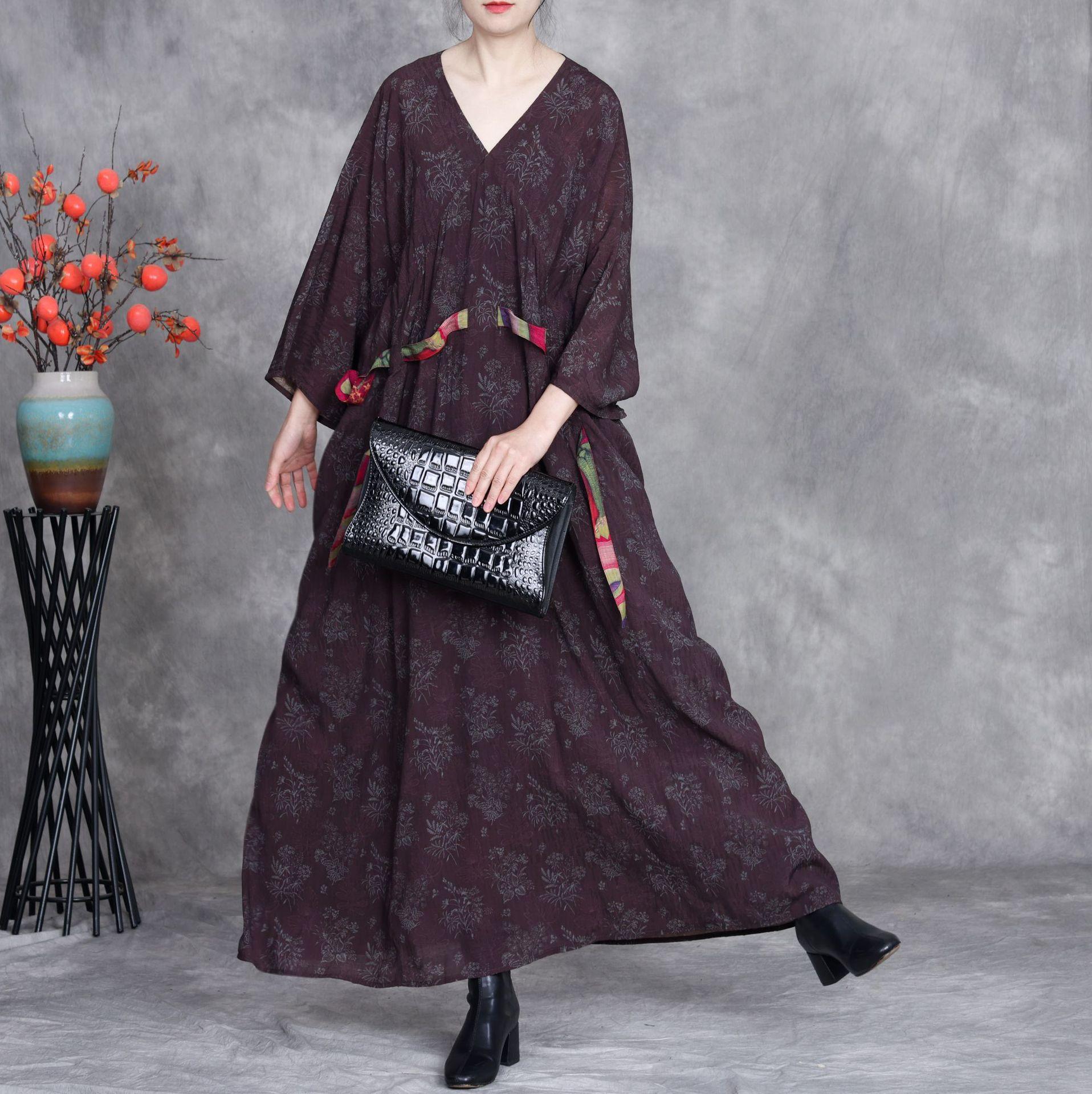 

Johnature Женское платье с рукавами летучая мышь, принтом, цветочным узором, V-образным вырезом, пэчворком, весеннее, свободное, винтажное, с бандажом One Size