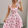 Strap Top Floral Dress Women A-line Sleeveless Lace Up Pleated Hem Spring Summer S-XL