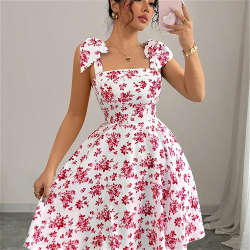 Strap Top Floral Dress Women A-line Sleeveless Lace Up Pleated Hem Spring Summer S-XL