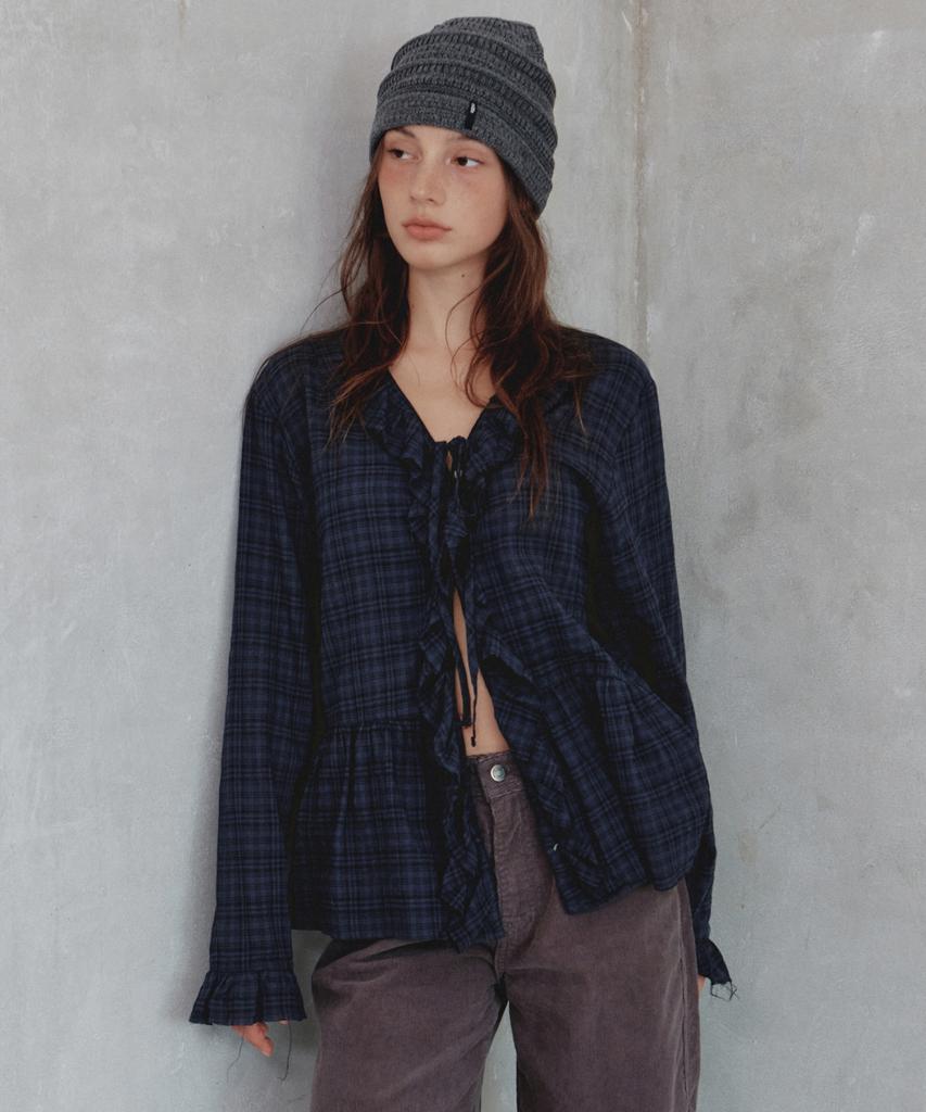 CITTA Ruffle Check Shirring Blouse_Ctt3045(Navy)
