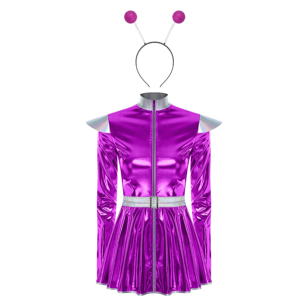 Womens Space Alien Costume Long Sleeve A Line Dress Metallic Shiny Front Zipper Design Astronaut Cosplay