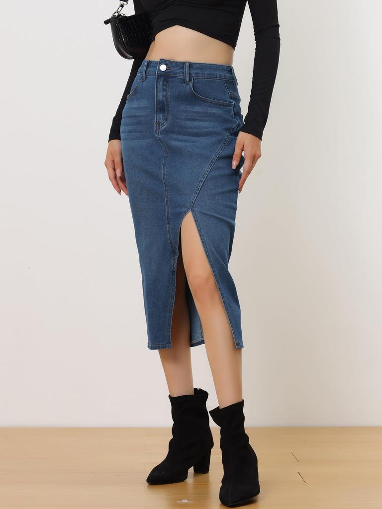 Allegra K Lässiger Denim-Jeansrock mit vorderer Größe XL Damen High-Waist Knielang Schlitz, Blau,