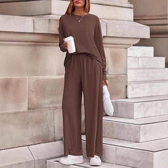 Women's Autumn 2-Piece Set: Long Sleeve Ribbed Knit Top & Wide Leg Pants - Casual & Postpartum Wear