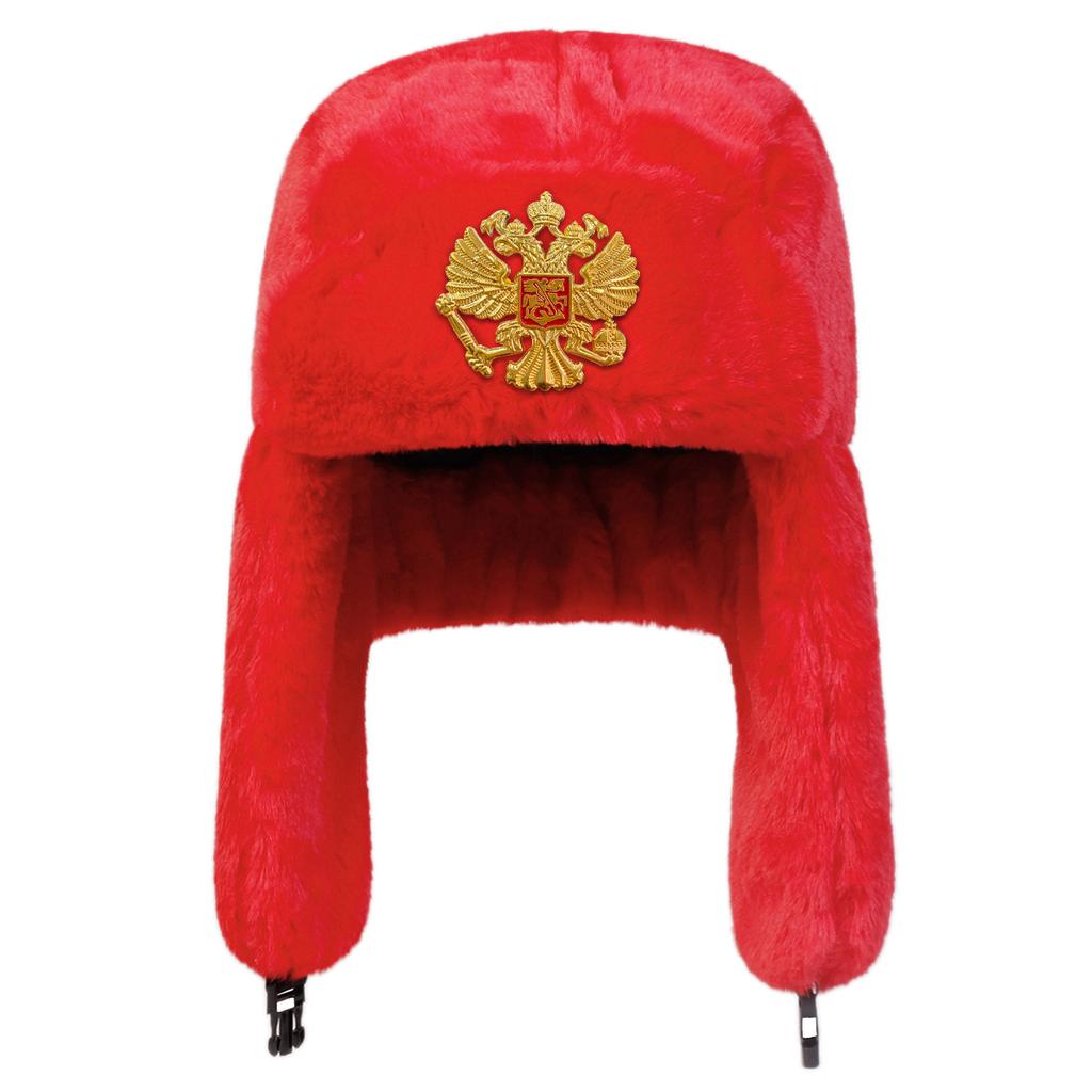 Plush Lei Feng Hat Double Headed Eagle Emblem Decoration Bomber Hats Outdoor Warm Pilot Cap Winter Caps