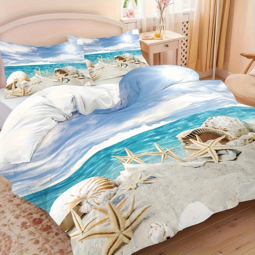 3pcs (1 Quilt Cover + 2 Pillowcases, Core Not Included) Bedding Set with 3D Beach Starfish And Conch Digital Print