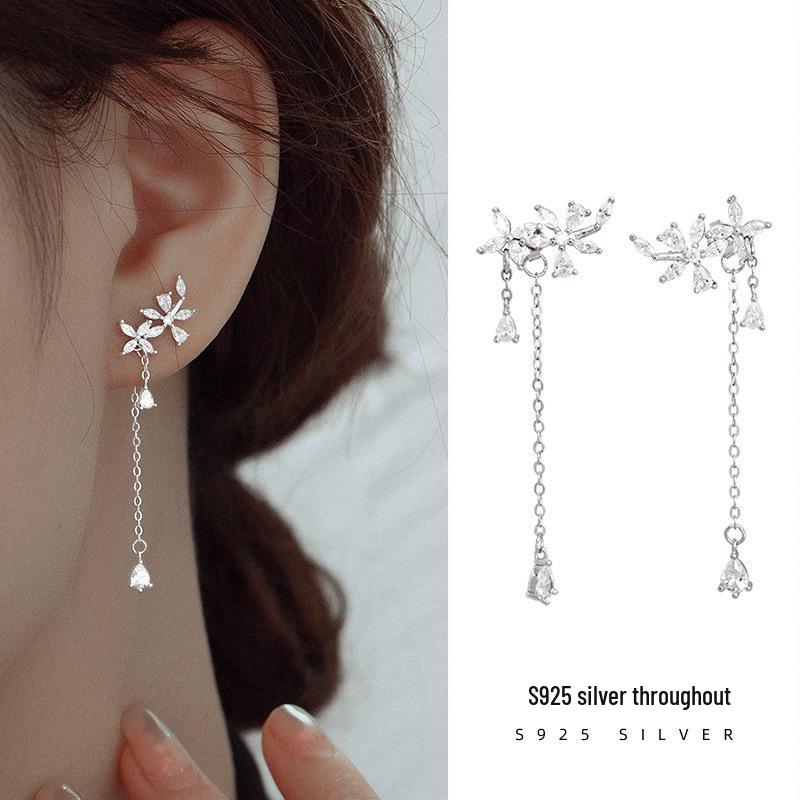 

Banyan Tree S925 Silver Tassel Earrings - Elegant Diamond Flower Design for Women S925 Silver