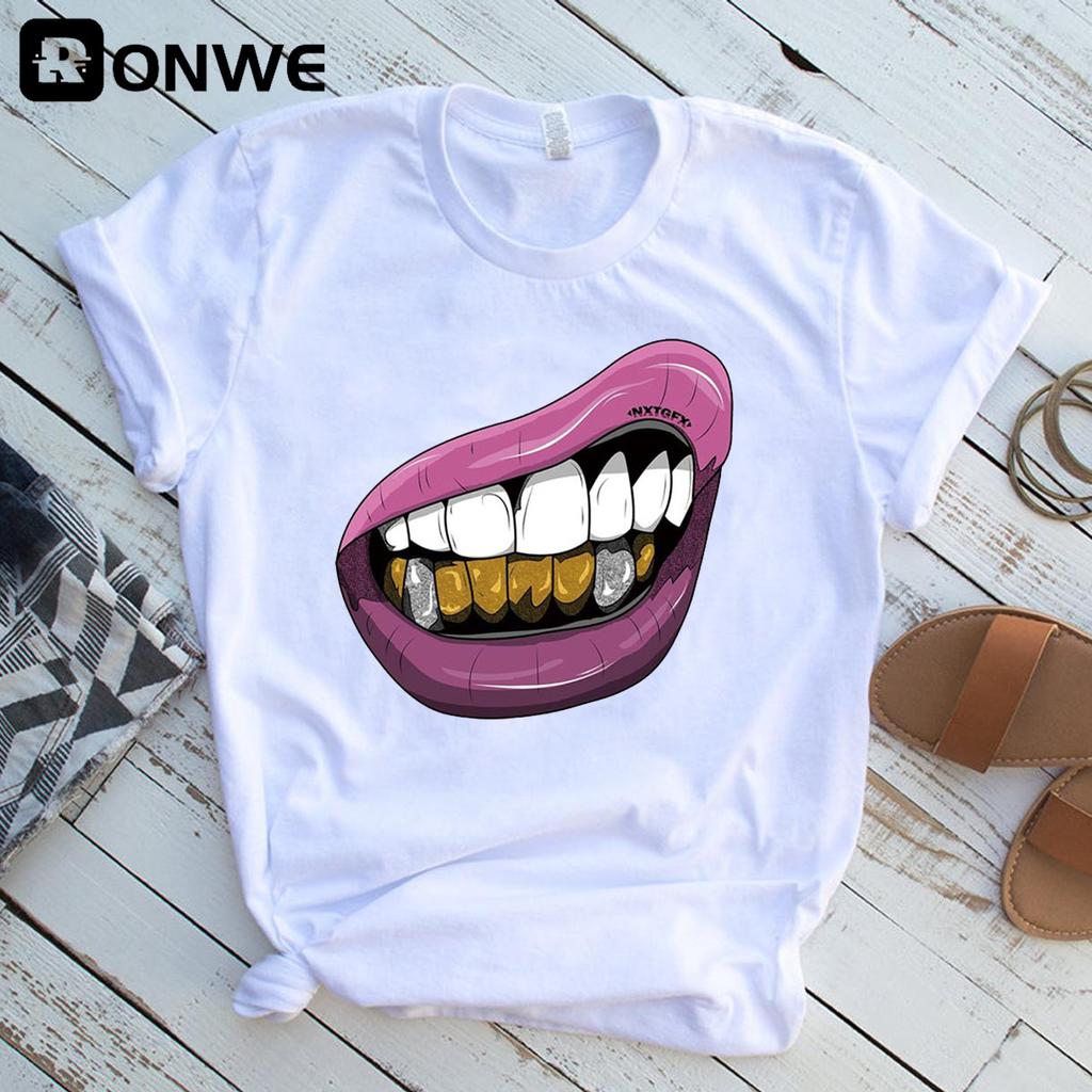 Women Funny Lips White Print T Shirt Girl Harajuku 90S Clothes Female Summer Tops Tee Drop
