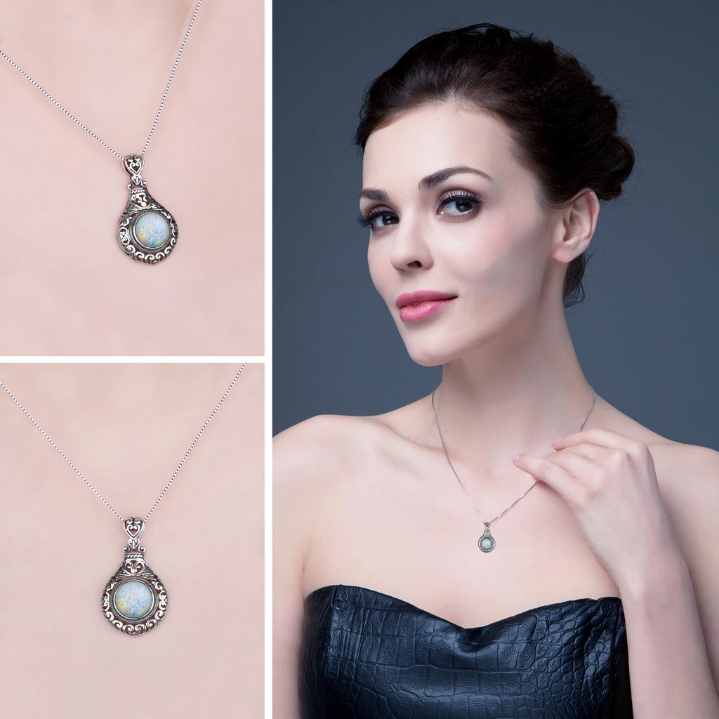 JewelryPalace Vintage 2.5ct Cabochon Created Opal 925 Silver Heart Love Statement Pendant Necklace Choker No Chain
