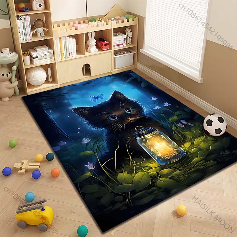 Multiple sizes Kitten lantern butterfly forest Print Carpet Rug for Living Room Bedroom Sofa Doormat Home Decor Non-slip Mat