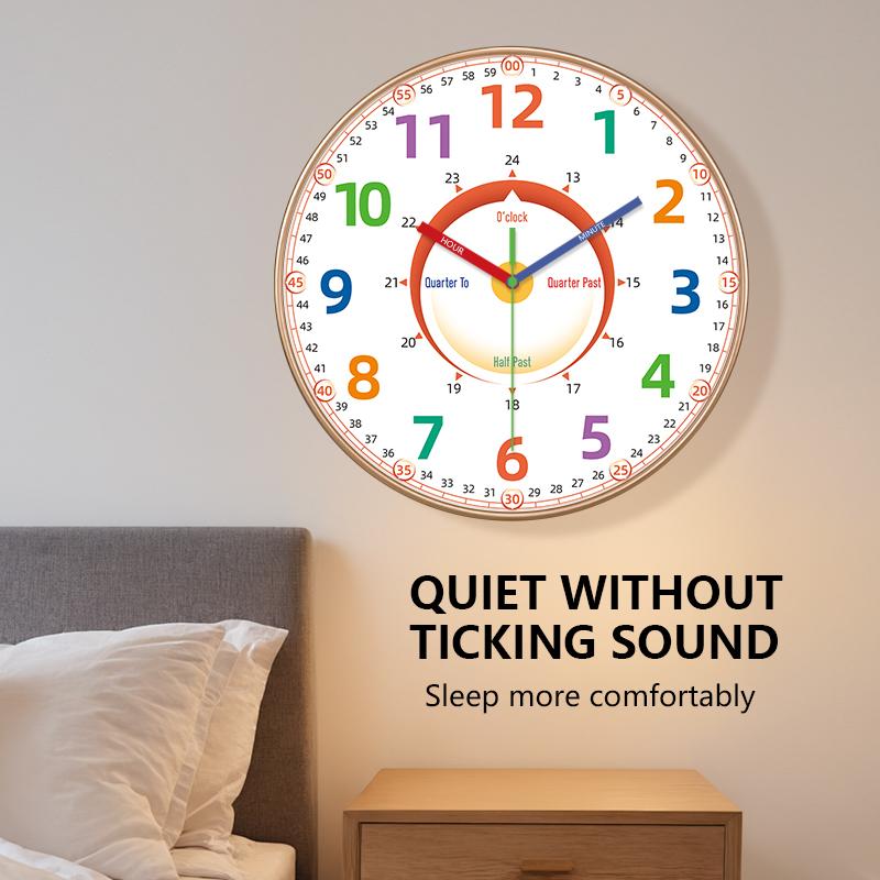Time Teaching Wall Clock Colorful Number Silent Clock Educational Learning Tool for Classroom Bedroom School Household Decor