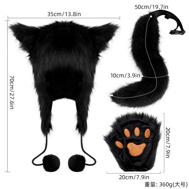 Plush Fox Tail Hat Gloves Set Cosplay Costume Accessories Party Halloween Christmas