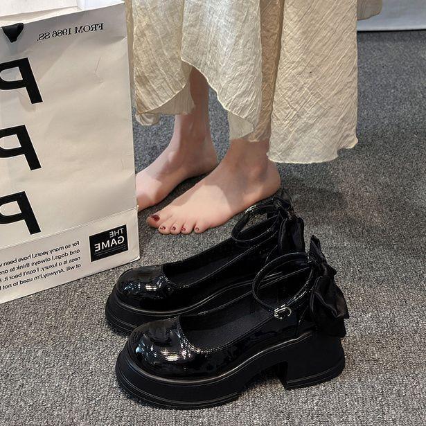 Single shoes women's 2025 spring and autumn new bow French high heels thick heel Mary Jane shoes platform small leather shoes