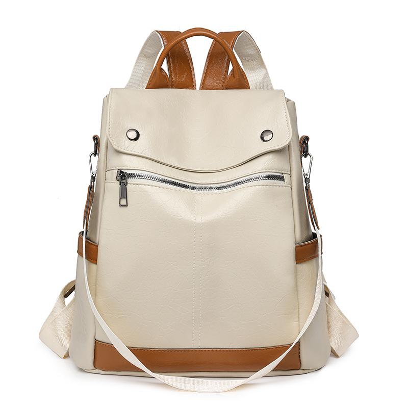 

Anti-Theft Travel Backpack Women s Soft Leather Backpack Color Block Student Schoolbag Multifunctional Shoulder Bag бежевый