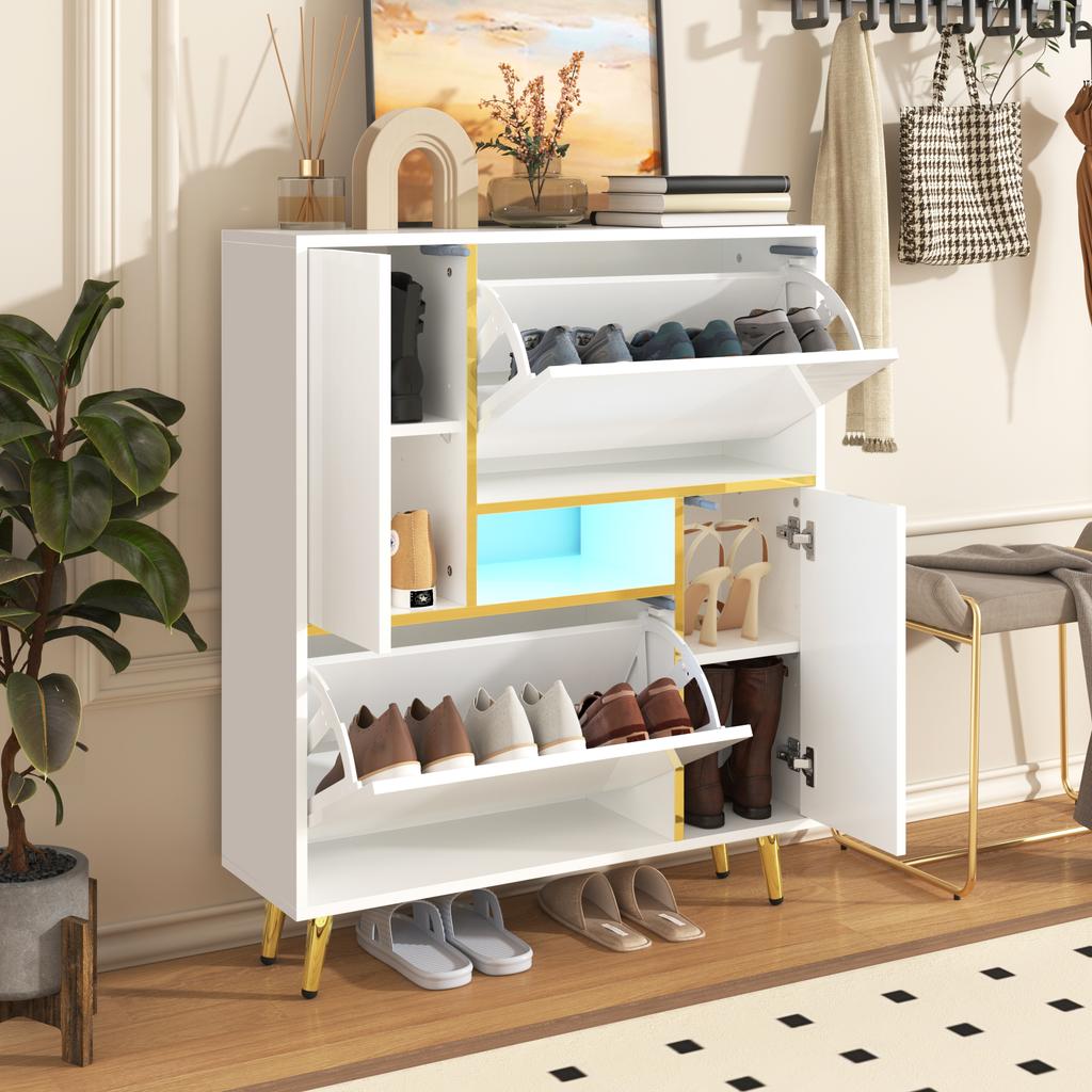 Modern Shoe Cabinet, White Shoe Cabinet with High-Gloss Front and 16-Color LED Light (80 x 25 x 96 cm)